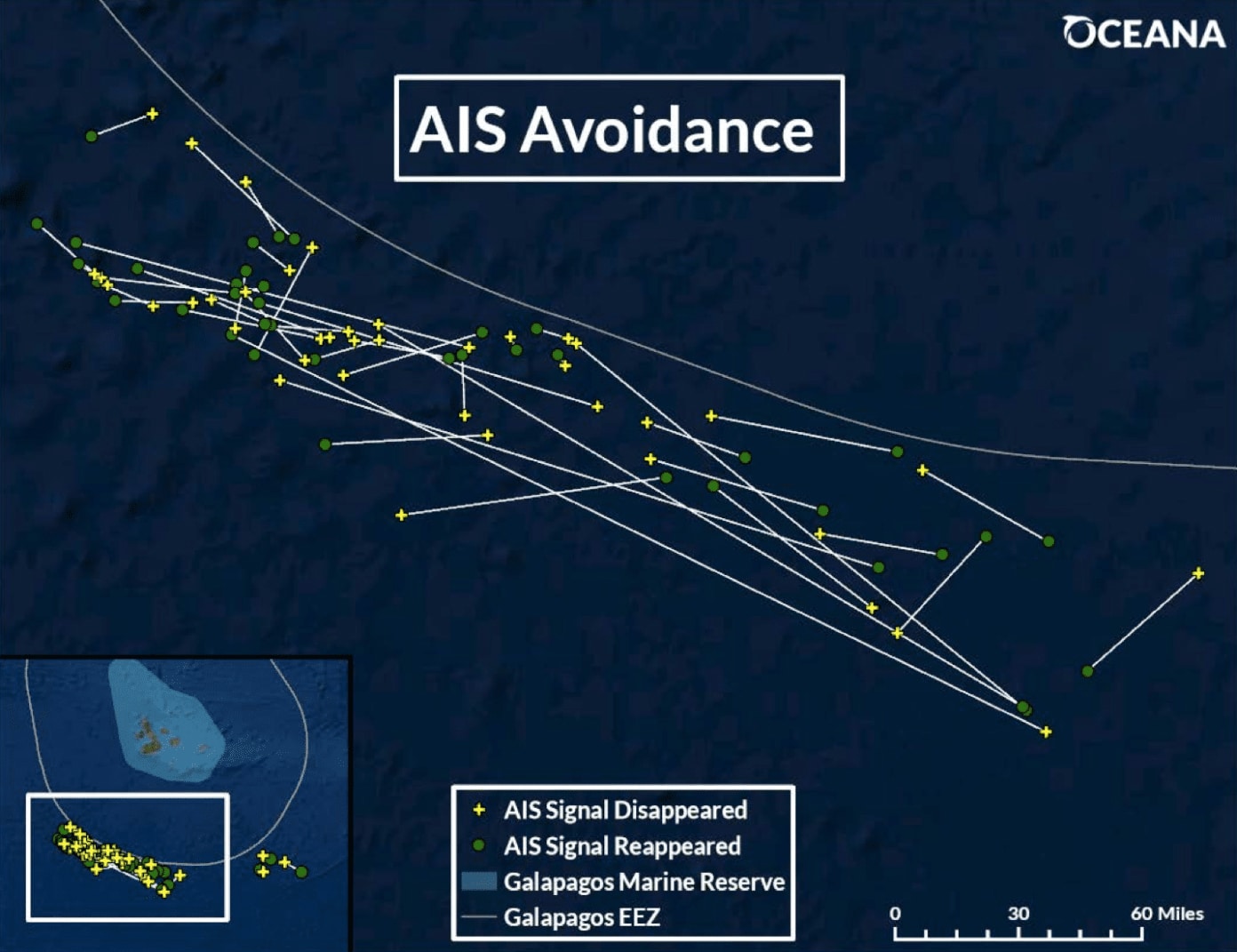 Grafika obrazująca sygnały AIS chińskiej floty rybackiej na wyspach galapagos
